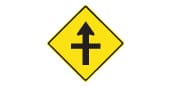 Intersection ahead. The arrow shows which direction of traffic has the right of way
